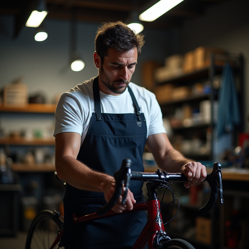 Mecánico profesional trabajando en taller de bicicletas de alta gama