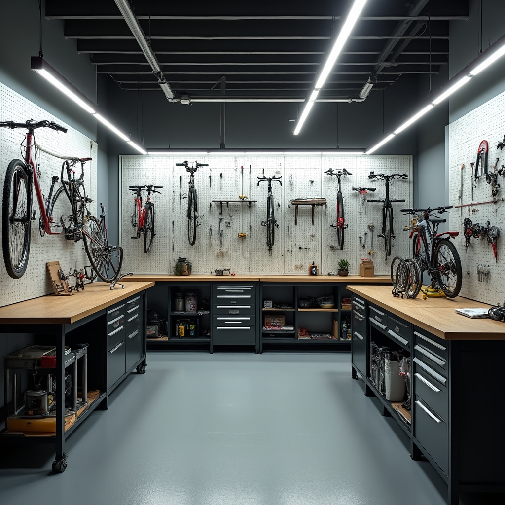 Taller de bicicletas organizado con herramientas dispuestas eficientemente