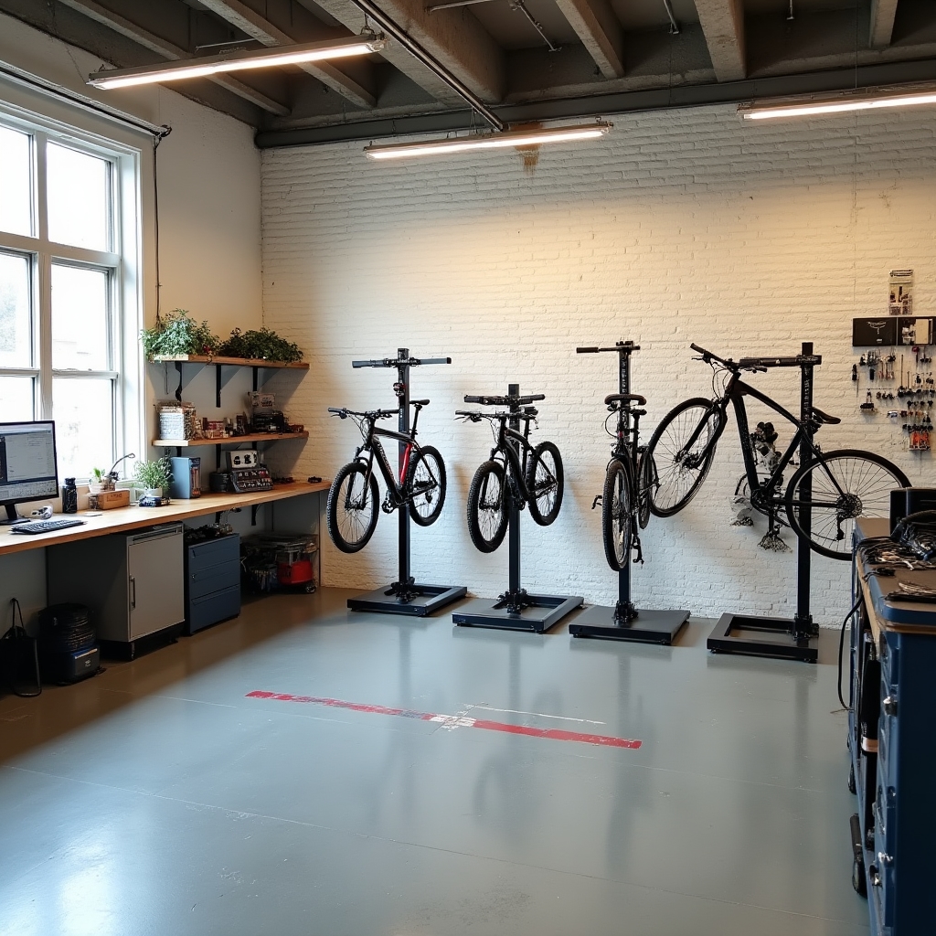 Interior del taller de bicicletas Ravinix Hub en Sevilla con equipamiento profesional